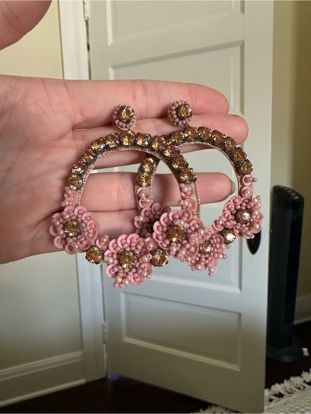 Pink Floral Beaded Hoop Earrings with Gold Crystal Accents